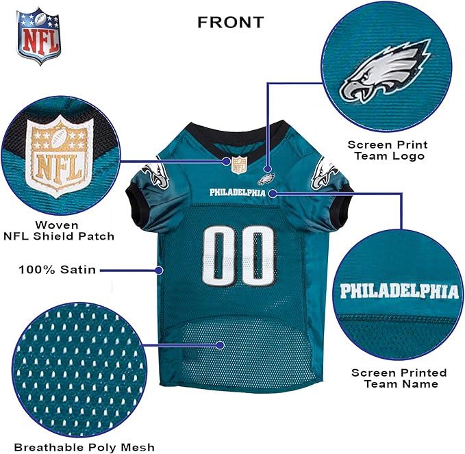 Pets First NFL Philadelphia Eagles Dog Jersey, Size Small, Football Shirt Costume for Pet, Dog Sports T-Shirt, NFL Team Clothing for Cats, Licensed Pet Apparel Available in 7 Sizes and 32 Teams