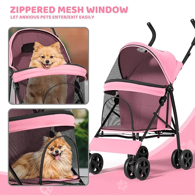Magshion Compact Pet Stroller for Small-Medium Dogs/Cats up to 22lbs, 4-Wheel Lightweight Umbrella Shaped Portable Puppy Travel Jogger with Breathable Mesh, Cup Holder & Rear Storage, Pink