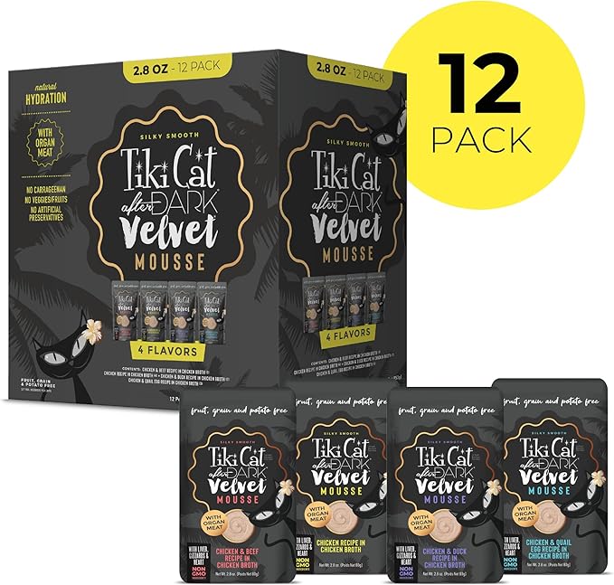 Tiki Cat After Dark Velvet Mousse Wet Cat Food, Variety Pack, 2.8 oz. Pouch (Pack of 12)