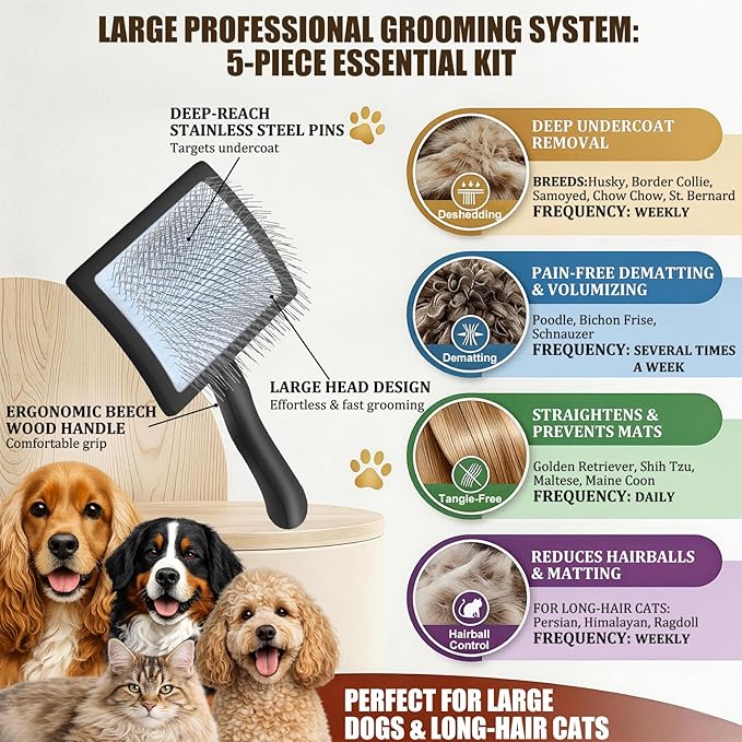 Large Slicker Brush for Dogs - Long Pin Deshedding Brush for Mats & Shedding on Long Haired Dogs, Doodles, Poodles, Goldendoodle, Labradoodle, 3pc Grooming Kits with Wooden Handle, Black