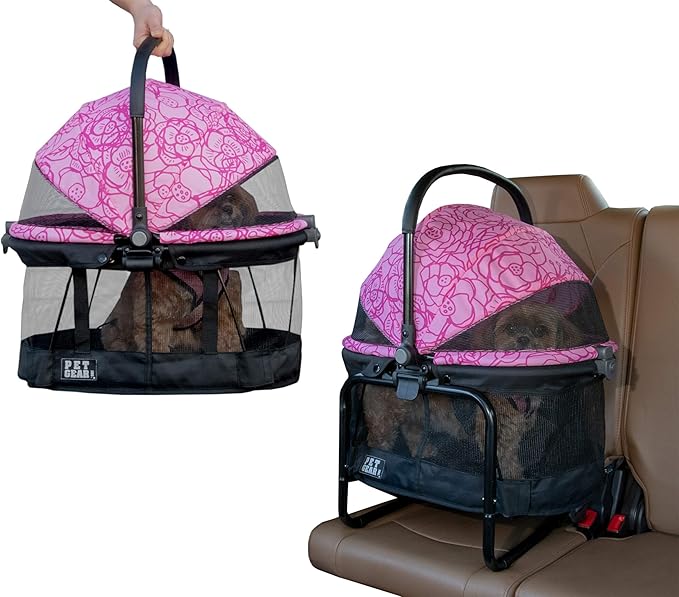 Pet Gear No-Zip View 360 Pet Carrier & Car Seat with Booster Seat Frame for Small Dogs & Cats, Mesh Ventilation, Push Button Entry, No Tools Required, Flowering Fields