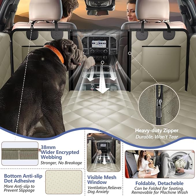 Back Seat Extender for Dogs Truck-Large Space, Hard Bottom Dog Pet Seat Cover Back Seat, Waterproof Dog Hammock for Crew Cab Trucks F150, RAM1500, Sierra, Tundra, Silverado, Khaki