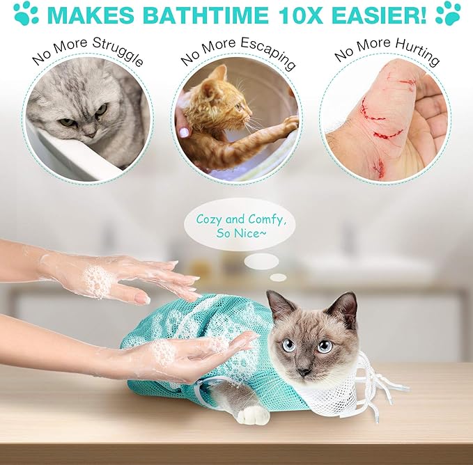 Shappy 2 Pcs Cat Bathing Bag Adjustable Cat Grooming Net Bag Breathable Anti Bite Anti Scratch Restraint Net for Pet Wash, Nail Trimming, Pet Examination, Ears Clean(Pink, Green)