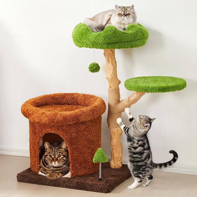 Fansafurn Cat Tree with Scratching Posts, Multi-Level Cute Cat Tower for Playful Cats and Multiple Cats, 32" Wooden Climbing Tower with Natural Wood, Bed & Condo