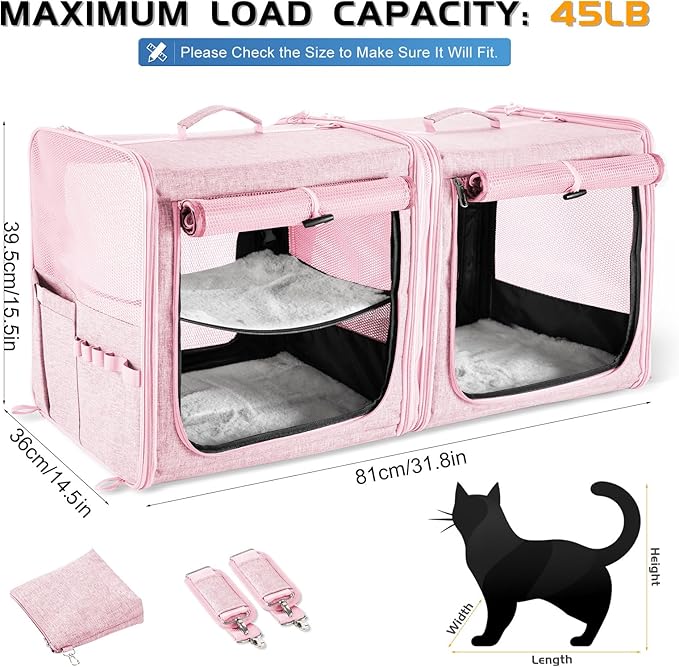 Large Cat Carrier for 2 Cats with Zipper Locks, Double Cat Carrier with Travel Litter Box, Soft Pet Travel Carrier for Cats and Small Dogs Up to 45 Lbs, Pink