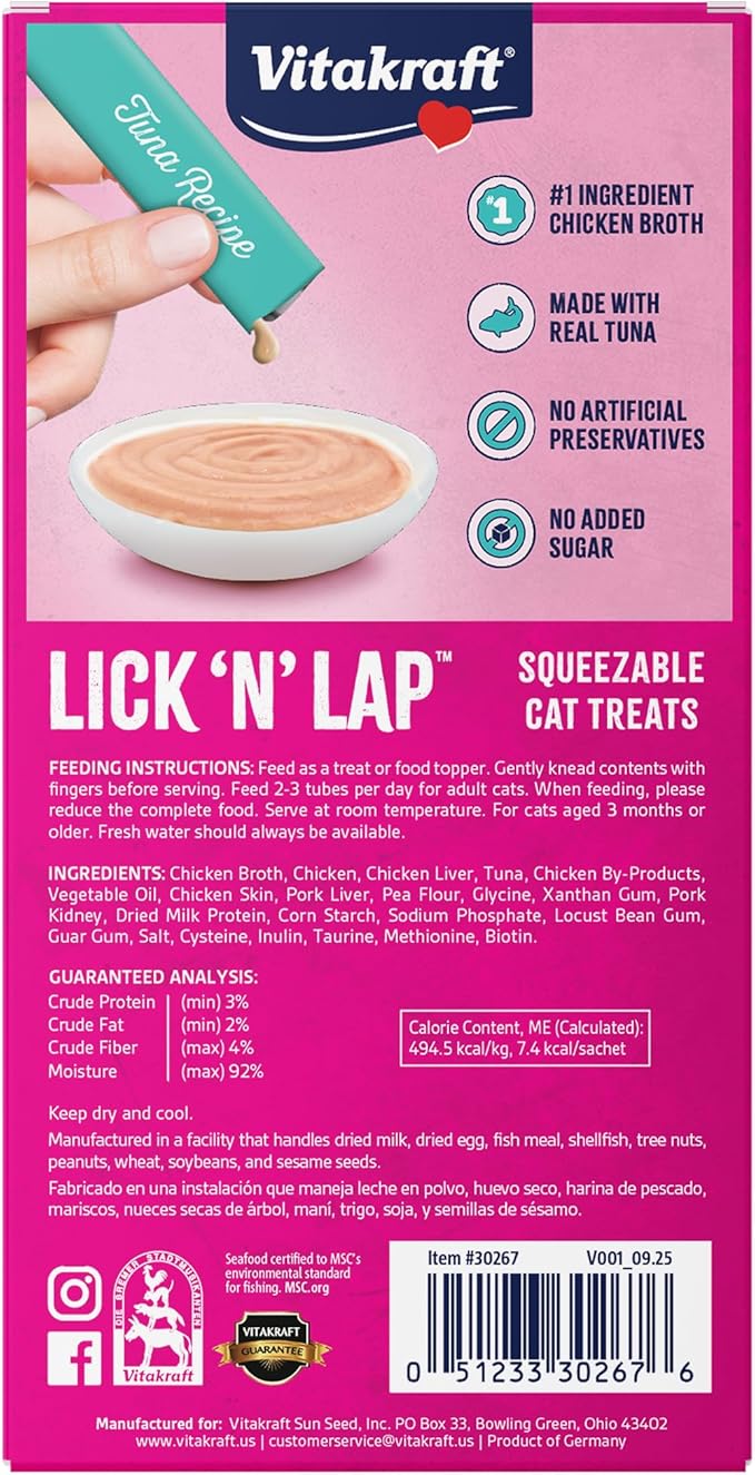 Vitakraft Lick ‘N’ Lap Real Tuna Squeezeable Liquid Cat Treats, Lickable, Broth #1 Ingredient, No Artificial Colors, Preservatives or Added Sugar, for Hydration, 0.52 oz. Tubes, 44 Count