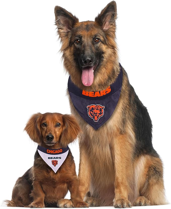NFL DOG BANDANA - CHICAGO BEARS REVERSIBLE PET BANDANA. 2 Sided Sports Bandana with a PREMIUM Embroidery TEAM LOGO, Large/X-Large. - 2 Sizes & 32 NFL Teams available