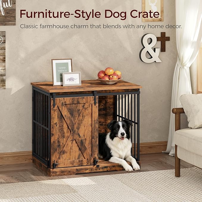 MAHNACRIS 31.5" Farmhouse Dog Crate Furniture with Barn Door, Heavy Duty Dog Kennel for Small Medium Dogs, Wooden Dog Cage End Table, Decorative Pet House, Chew Resistant, Rustic Brown DCHR8001