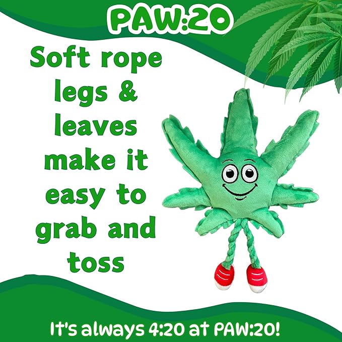 My Name is MJ, Cute Stuffed Parody Marijuana Leaf Dog Toy, Funny Squeaky Weed Toy, Cool Plush Novelty 420 Gift for Puppies & Small, Medium & Large Breeds, for Fetch & a Photo Prop, Shelf-Sitter