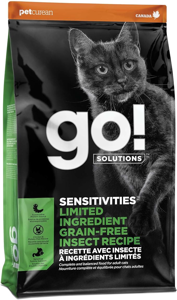 Go! Solutions Sensitivities Limited Ingredient Insect Grain-Free Dry Cat Food, Chicken-Free Kibble Made by Experts for Sensitive Stomachs & Food Allergies, for Adults, & Seniors, 12 lb Bag