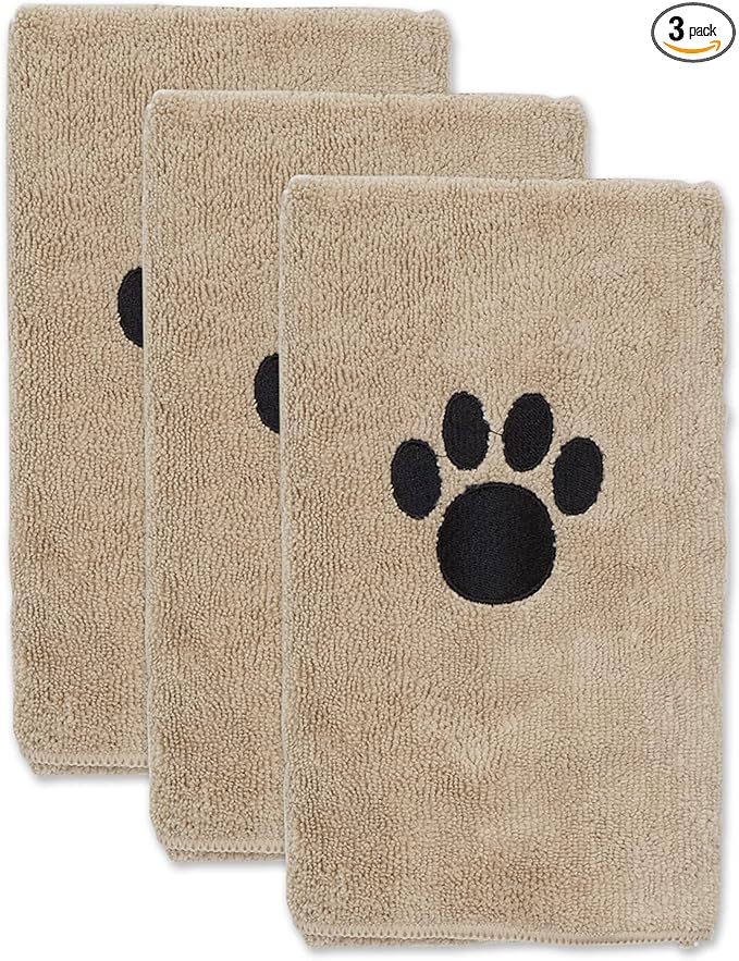Bone Dry Pet Grooming Towel Collection Absorbent Microfiber Drying Set, 15x30", Embroidered Taupe, 3 Count