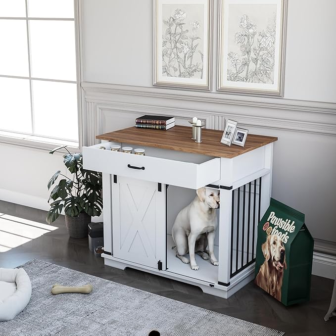 37.8'' Dog Crate Furniture with Storage Drawer, Decorative Wooden Dog Kennel with Sliding Barn Door, Indoor Water Resistant Cage for Pet, Small, Medium, Large Dog (White)