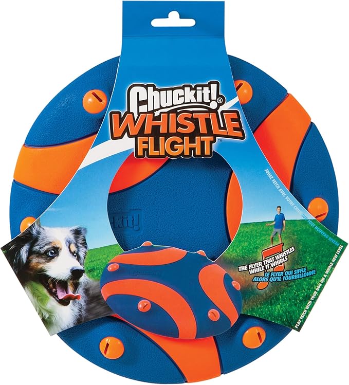 Chuckit! Whistle Flight Outdoor Dog Fetch Toy, Orange/Blue, 10.6" x 1.2" x 11.1", For Medium to Large Dogs