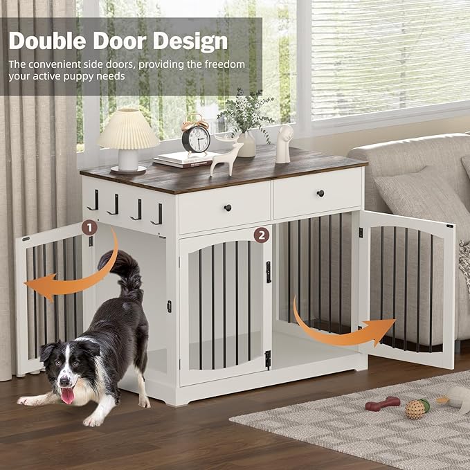 Kucreiheat 40'' Wooden Dog Crate Furniture–Farmhouse Dog Kenel-Multi Purpose Pet House with Double Doors, 2 Drawers, for Small, Medium & Large Dogs–White & Brown Finish