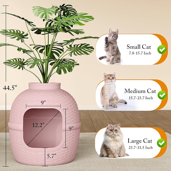 FansaFurn Large Cat Litter Box, Hidden Litter Box with Faux Plant, Heavy Duty Litterbox Enclosure Furniture with Rattan Pattern, PP Cat Box Enclosure Furniture for Living Room, Bedroom, Pink