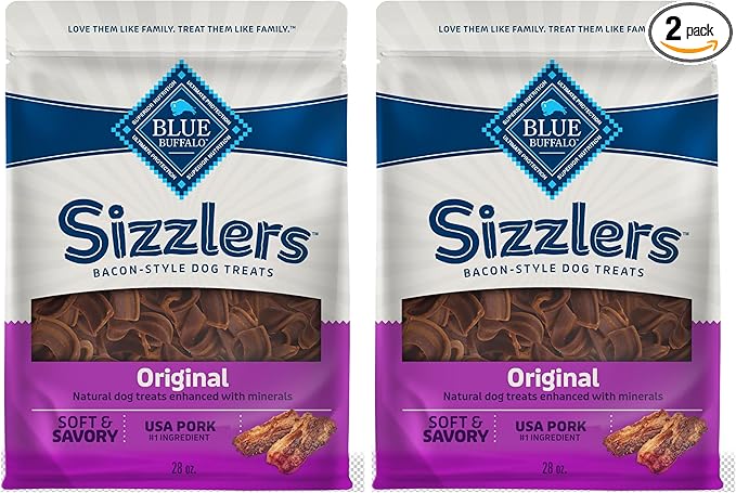 Blue Buffalo Sizzlers Bacon-Style Dog Treats with Real USA Pork, Original Flavor, 28-oz Bag (Pack of 2)