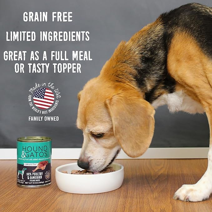 Hound & Gatos Wet Dog Food, 98% Real Meat, High Protein Poultry and Gamebird Recipe, Supports Digestive Health, Limited Ingredients, Grain Free, 13 oz. Cans (Pack of 12)