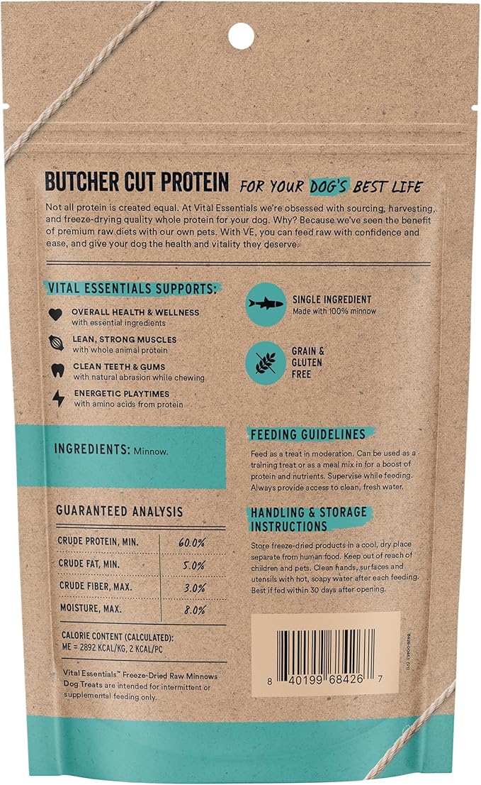 Vital Essentials Freeze Dried Minnows Dog Treats | Single Ingredient | Premium Quality | Grain Free Treats for Dogs, 1.5 oz Bag