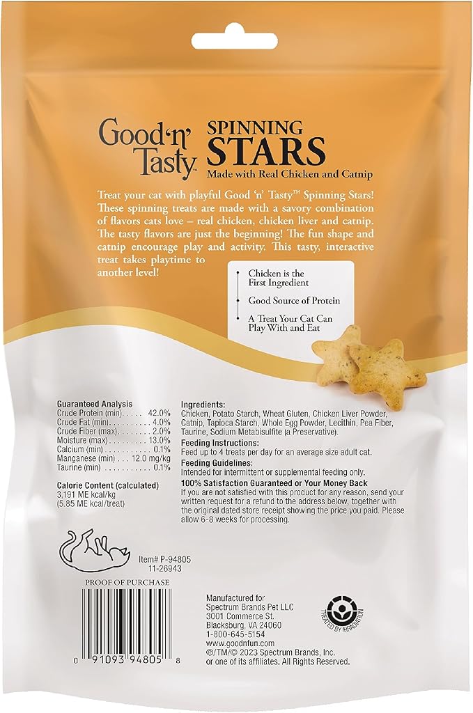 Good ‘n’ Tasty Spinning Stars Cat Treats, 3.2 Ounce Bag, 2-in-1 Treat & Toy Made with Real Chicken, Chicken Liver & Catnip, Encourages Playfulness & Low Calorie (Pack of 2)