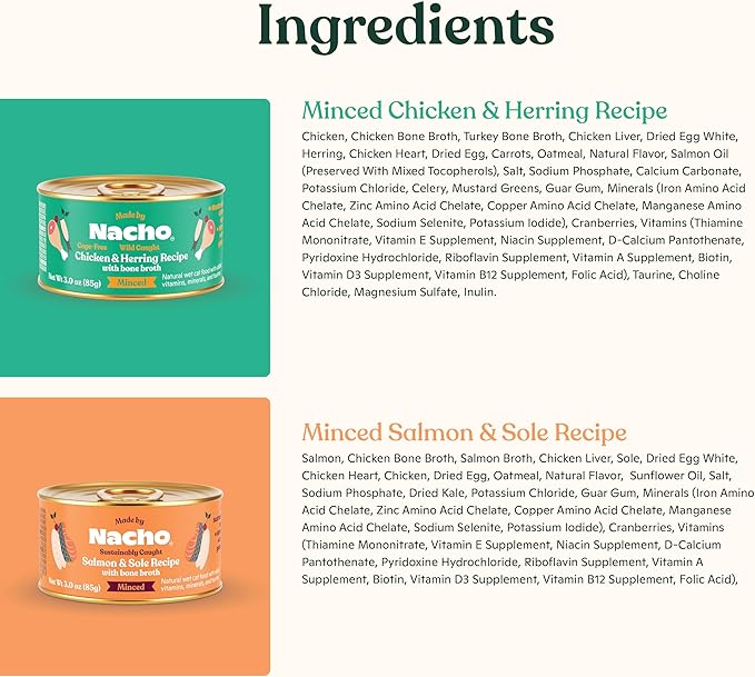 Made by Nacho Premium Minced Wet Canned Cat Food with Hydrating Bone Broth 3.0oz (Variety Pack (12 Count) - Chicken and Herring, Salmon and Sole)