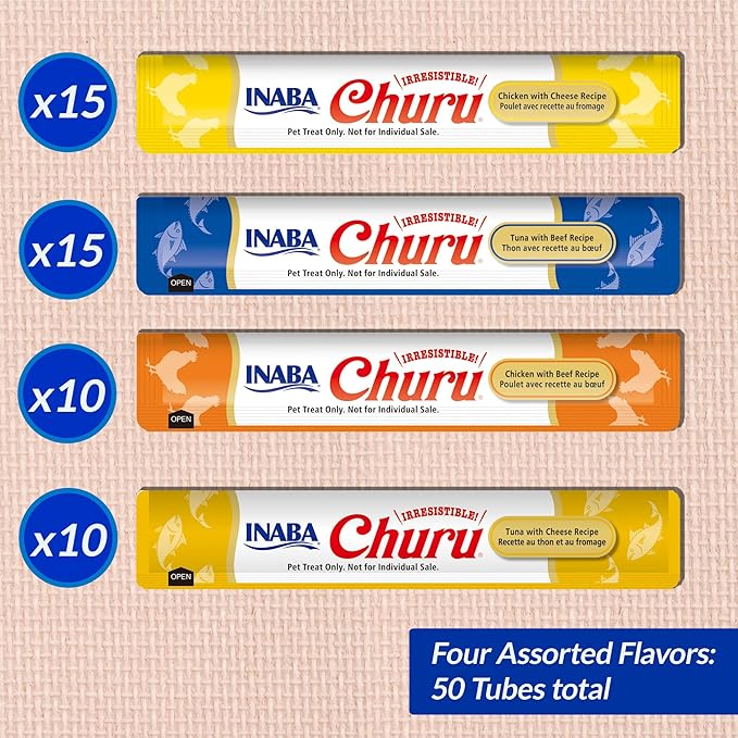 INABA Churu Cat Treats, Lickable, Squeezable Creamy Purée Cat Treat with Green Tea Extract & Taurine, 0.5 Ounces Each Tube, 50 Tubes, Beef & Cheese Variety