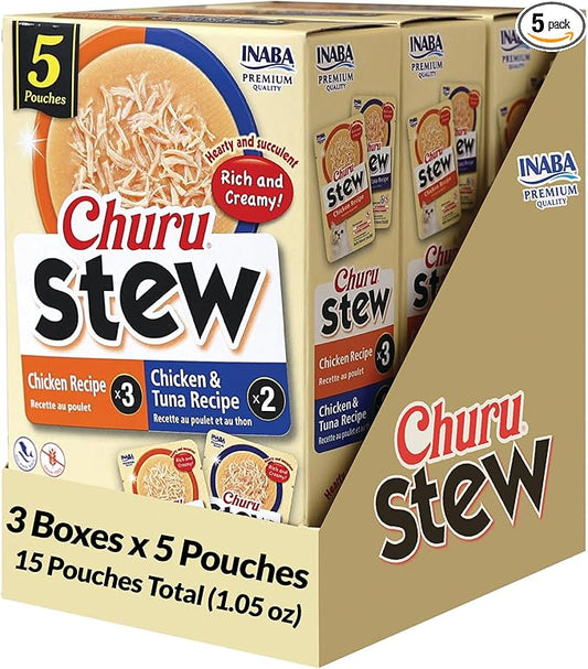 INABA Churu Stew for Cats, Creamy Purée Side Dish Pouch, 1.05 oz Pouches, 15 Pouches Total, Chicken and Tuna Variety