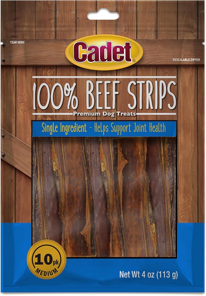 Cadet 100% Beef Strips Dog Treats, Single Ingredient Beef Esophagus Dog Jerky, Healthy High Protein Rawhide Alternative for Small & Large Dogs, 4 Ounce
