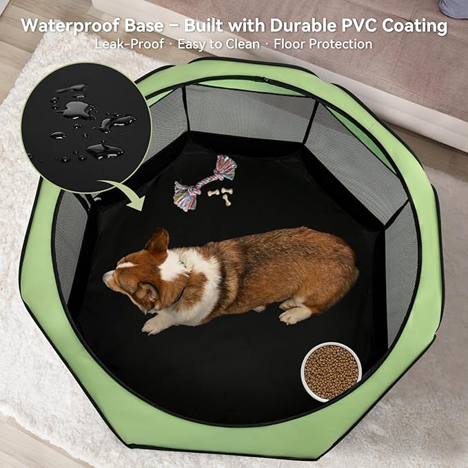 Dog Playpen for Small Dogs & Puppies, 50.39" Portable Indoor Outdoor Puppy Playpen with Bowl, Waterproof Floor, Foldable Pop-Up Pet Pen for Home, Travel & Daily Use, Green+Black