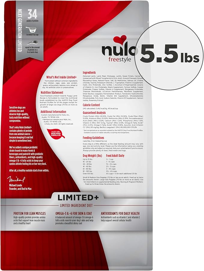 Nulo Freestyle Limited Ingredient Dry Dog Food - High Protein Lamb Recipe, Natural Grain Free Dog Food for Puppies & Adults, Small, Medium and Large Breed Kibble, 5.5lb Bag