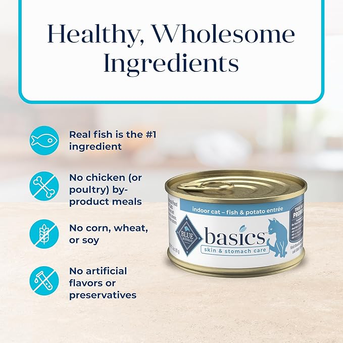 Blue Buffalo Basics Grain-Free Adult Wet Cat Food, Skin & Stomach Care, Limited Ingredient Diet, Fish Recipe, 3-oz. Can, 24 Count