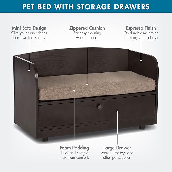 Paws & Purrs Cat Sofa Bed with Storage Drawer, Espresso Finish, 31.5″ x 15.75″ x 19.25″ | 3″ Foam Cushion with Washable Cover | Fits Dogs and Pets up to 50 lb