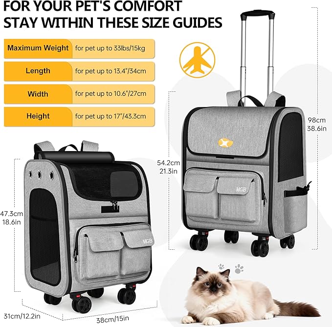 MGB Large Pet Carrier, Foldable Rolling Dog Carrier with Removable Wheels, Cat Rolling Bag 21.3"x15"x12.2" for 2 Cats & 1 Dog for Travel, Outdoor, Vet Visits, Camping, Indoor. Gray. (Not for Airline)