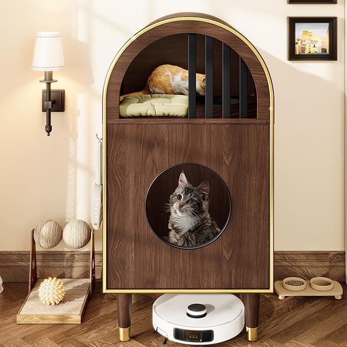 Merax Farmhouse 2-in-1 Cat Litter Box Enclosure, Wooden Condo Cat Bed for 2 Cats, Cute Cat House Kitty Condo for Sleeping, Espresso