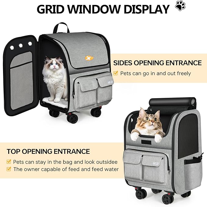 MGB Large Pet Carrier, Foldable Rolling Dog Carrier with Removable Wheels, Cat Rolling Bag 21.3"x15"x12.2" for 2 Cats & 1 Dog for Travel, Outdoor, Vet Visits, Camping, Indoor. Gray. (Not for Airline)
