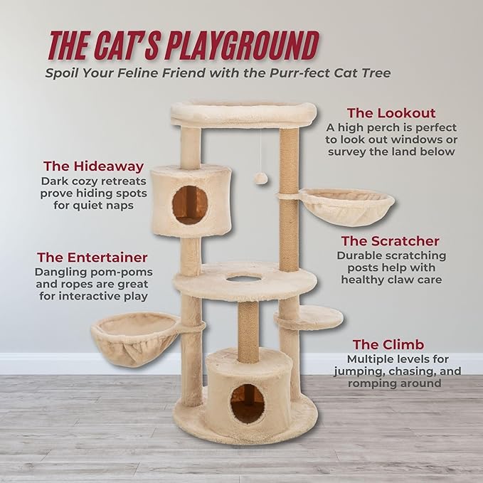 TRIXIE Anna Cat Tree – Cat Tower with Sisal Posts, Dual Hammocks, Caves & Hanging Toy – Indoor Cat Furniture for Scratching & Climbing – Beige, 23.6" x 23.6" x 50.4"