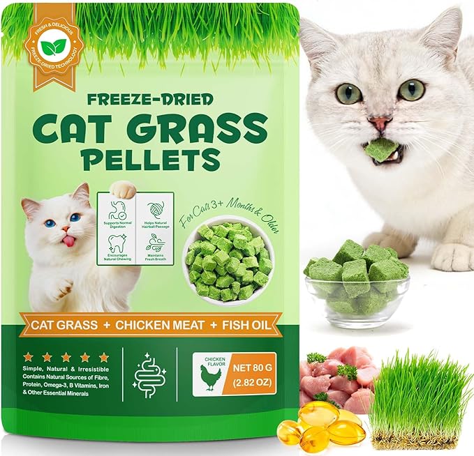 Freeze-Dried Cat Grass Pellets, High Protein 60% for Hairball Control & Digestive Health, Grain-Free Cat Supplements with Chicken & Fish Oil, Crunchy Bites for Cats 3+ Months