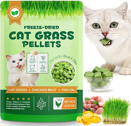 Freeze-Dried Cat Grass Pellets, High Protein 60% for Hairball Control & Digestive Health, Grain-Free Cat Supplements with Chicken & Fish Oil, Crunchy Bites for Cats 3+ Months
