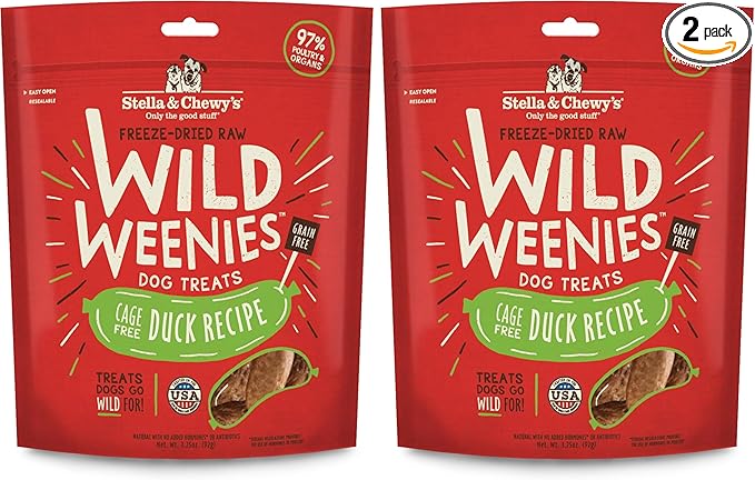 Stella & Chewy's Freeze-Dried Raw Wild Weenies Dog Treats - High-Protein Training Treats for Dogs & Puppies - All-Natural Cage-Free Duck Recipe with 97% Poultry & Organs - USA Made - 3.25 oz Bag