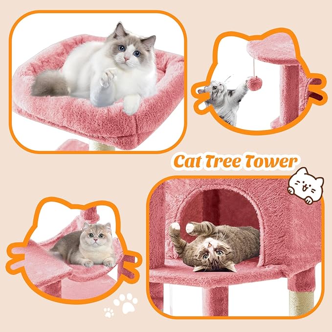 Cat Tree Tower 44 Inch, Small Cat Tower with Condo, Hammock, Sisal Scratching Posts, Extended Perch, Pet Play House for Indoor Kittens and Cats, Pink