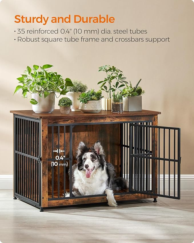 Feandrea 38.6" Dog Crate Furniture, Heavy-Duty Dog Cage Side End Table, XL Pet Wood Kennel for Large and Medium Dogs up to 70 lb with Enclosed Base, Double-Door Pet House, Rustic Brown