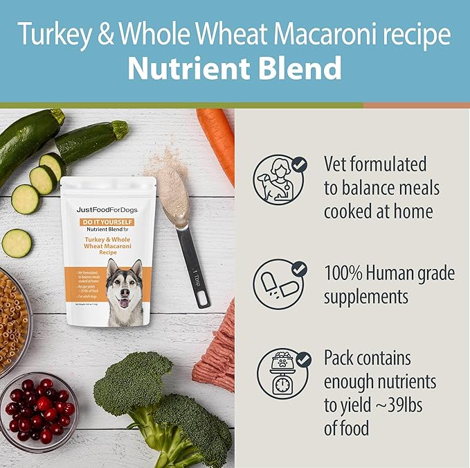 JustFoodForDogs Nutrient Blend, Supplements for Homemade Dog Food, Turkey & Whole Wheat Macaroni, DIY Fresh Pet Meals and Toppers, Human Grade, Dog Vitamins & Multivitamin Additive, 4.55oz