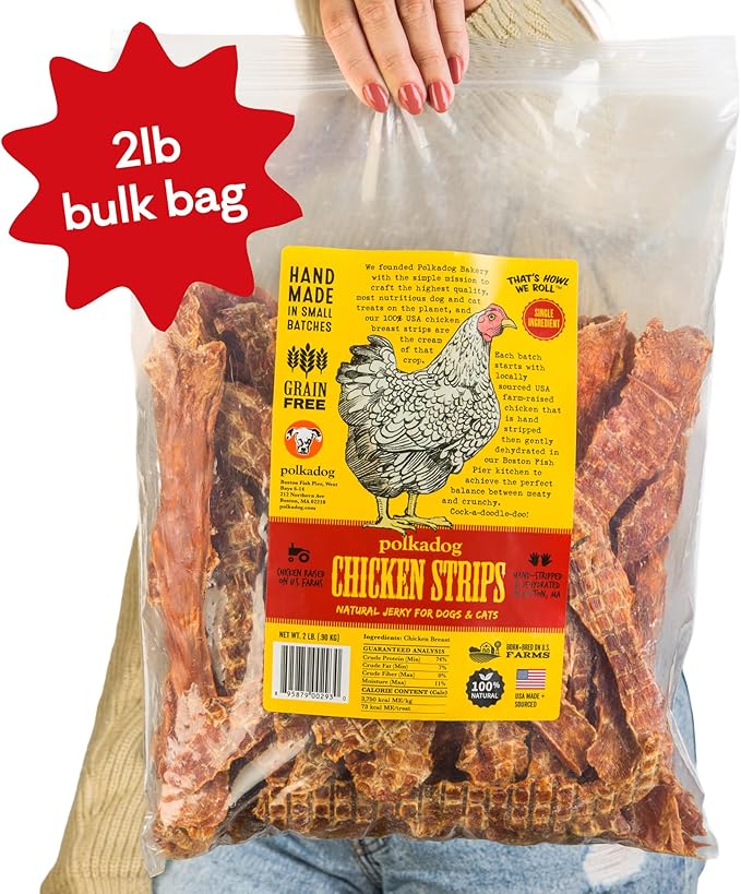 Polkadog Chicken Strip Jerky Dog Treats - Farm-Raised Chicken, All Natural, Single Ingredient, Lean Protein & Omega-3 Rich Snacks for Dogs, Great for All Breeds, Made in USA - 2lb