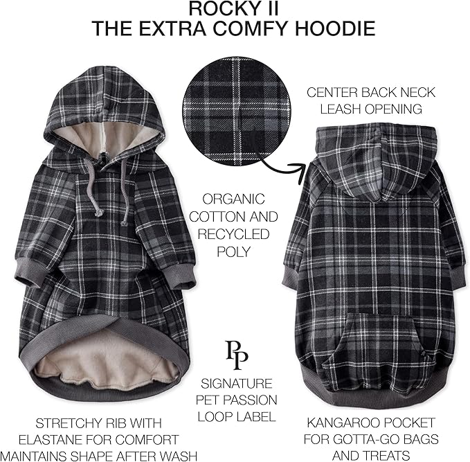Pet Passion Rocky II - The Extra Comfy Hoodie, Organic Cotton and Recycled Poly Dog Hoodie Pet Coat Sweater for Small, Medium, Large Dogs, Black Sand Plaid, XXX-Small (up to 5lbs)