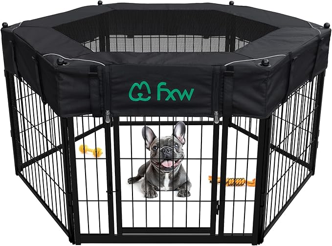 FXW Homeplus Indoor Dog Playpen with Hexagon Mesh Top Cover for Escape Prevention, 24 Inch 6 Panels Heavy Duty Dog Pen for Puppies and Small Dogs, Black│Patented