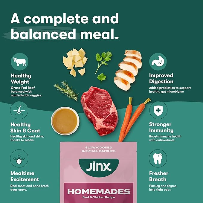 Jinx Beef & Chicken Wet Dog Food Pouches, Meal or Dog Food Topper Mix-in, Made with Real Beef & Chicken, Bone Broth, No Fillers - Puppy, Adult, Senior, 3oz, 8 Pack