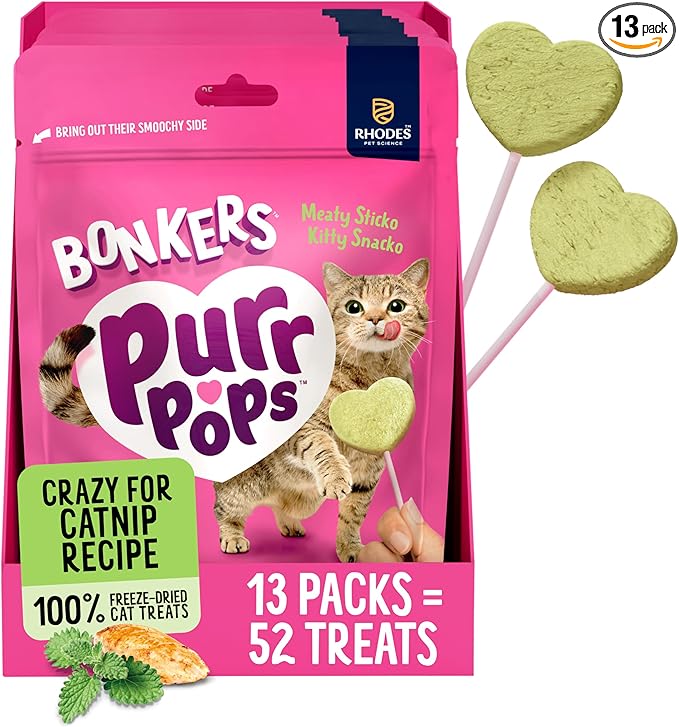 Bonkers Purrpops Freeze-Dried Catnip Flavored Lollipop Treats for Cats, 4 Pack (Pack of 13)