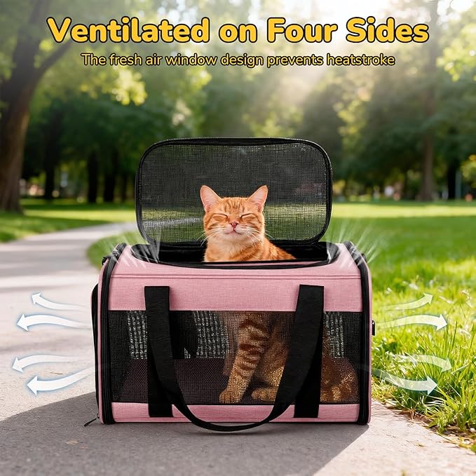 Hipubby Cat Carrier Dog Carrier for Pets Up to 16 Lbs, Soft-Sided Pet Travel Carrier for Cats and Small Dogs, Airline Approved Pet Carrying Case with Shoulder Strap & Removable Mat - Pink