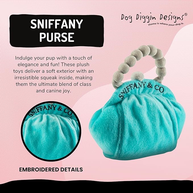 Diggin Designs Sniffany & Co Squeaky Plush Dog Toy Purse | Luxury-Inspired Parody Designer Handbag with Built-in Squeaker, Soft Plush Fashion Dog Toy – Haute Couture Purses & Handbags