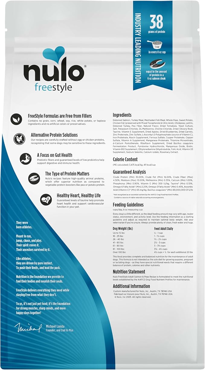Nulo FreeStyle Adult Dry Dog Food - Salmon & Peas, Premium Grain Free Dog Food with Probiotics for Healthy Gut, Skin and Coat, Natural, High Protein Kibble for Small, Medium and Large Breeds, 6lb Bag