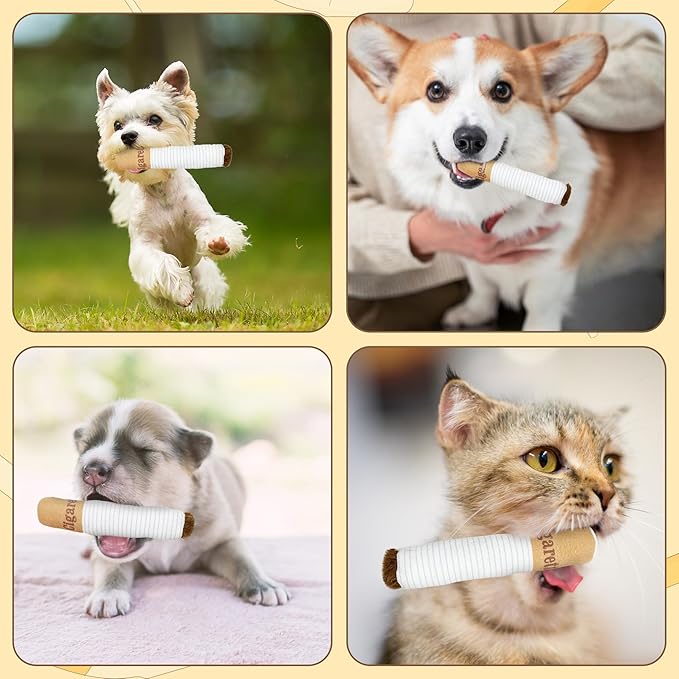 Funny Cigarettes Dog Toy - 4Pcs Interactive Dog Teething Toys Squeaky Cigar Pet Toy Indoor Bite Kick Plush Dog Cat Toys Supplies for Puppies Small Dogs Pet Present Cats Pet Lovers Gift